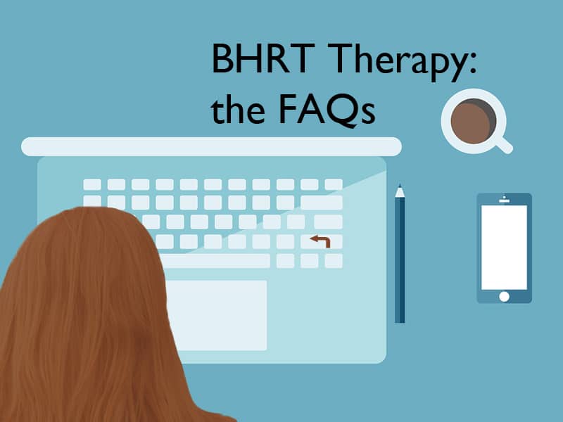 flet illustration of a person looking up BHRT therapy on their computer