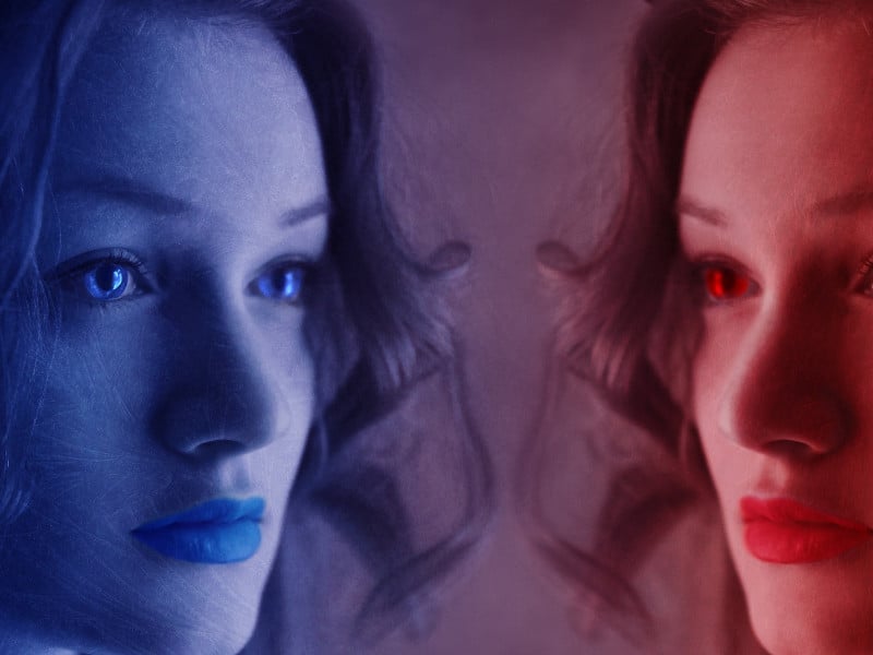 Two female heads facing each other, one red, one blue, to illustrate can menopause cause personality changes