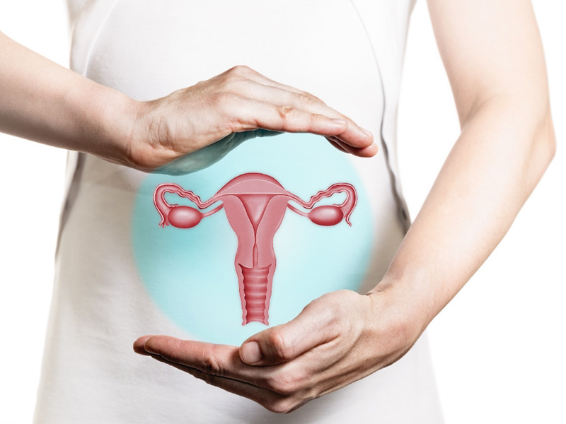 graphic of woman's reproductive organs superimposed on a photo to illustrate hormonal imbalance after a hysterectomy