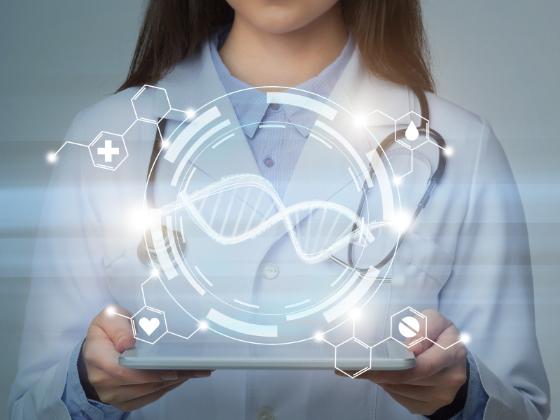Female medical doctor holds a display of futuristic technology to monitor health and longevity