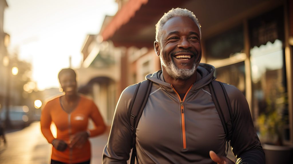 african couple. smile of man. african healthy. walk at urban city in the morning. exercise. generative ai.